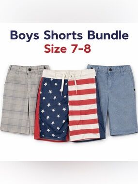 Boys Shorts Bundle Size 7-8 Old Navy Flag + Shaun White Plaid & Blue Lot of 3